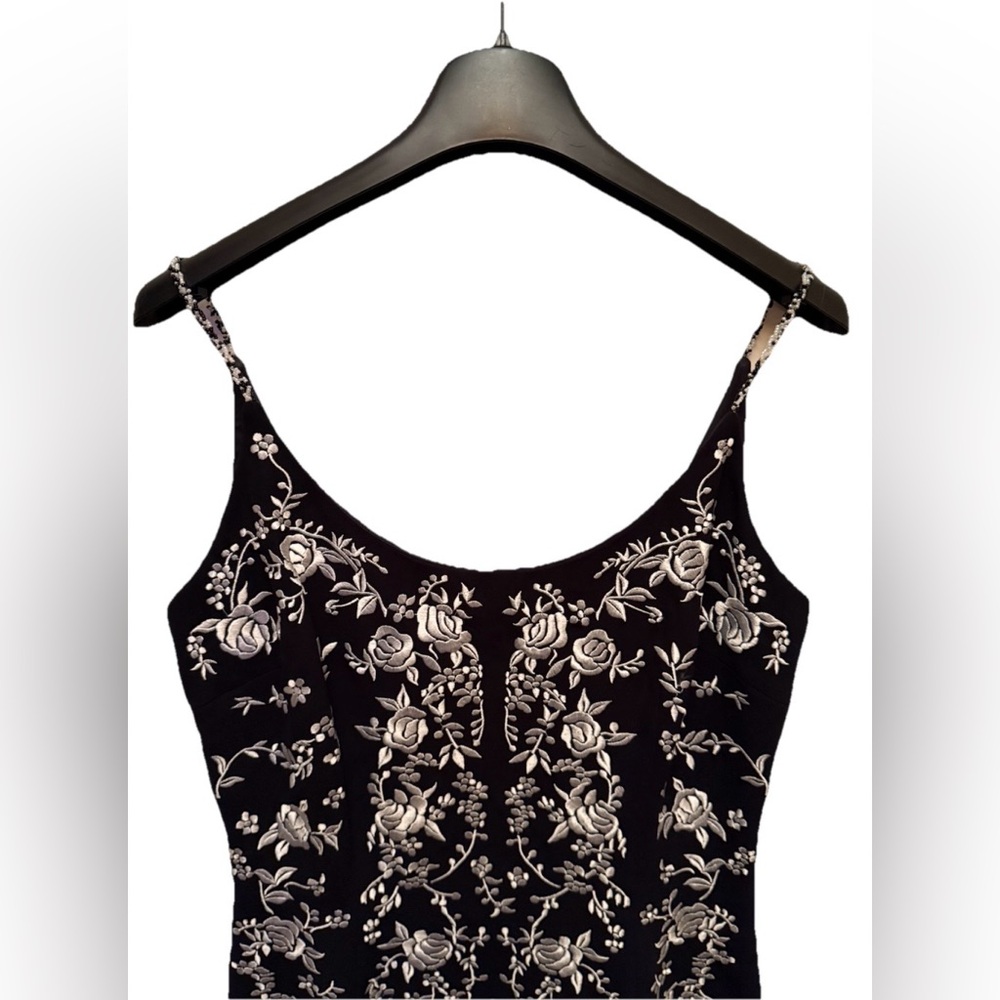 Maggy London Black Dress with Embroidered White Floral Accents